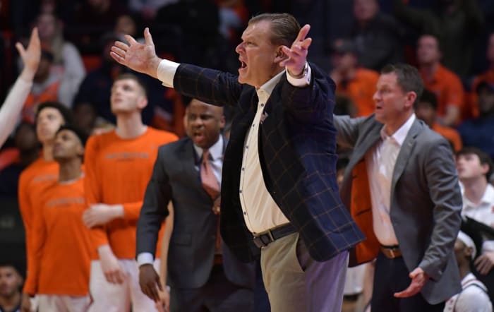 Illinois Fighting Illini head coach Brad Underwood reacts to a call during the first half against the Indiana Hoosiers at State Farm Center.